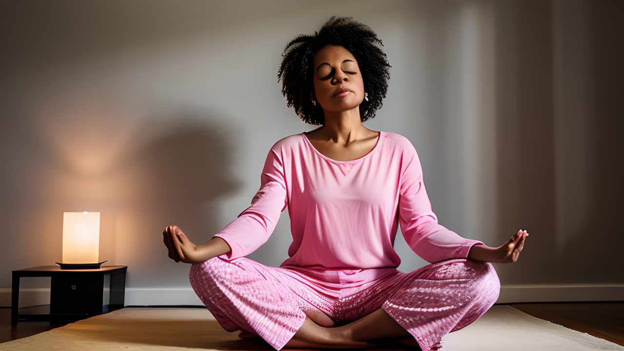 woman, wearing pink pajamas and meditating in lotus position