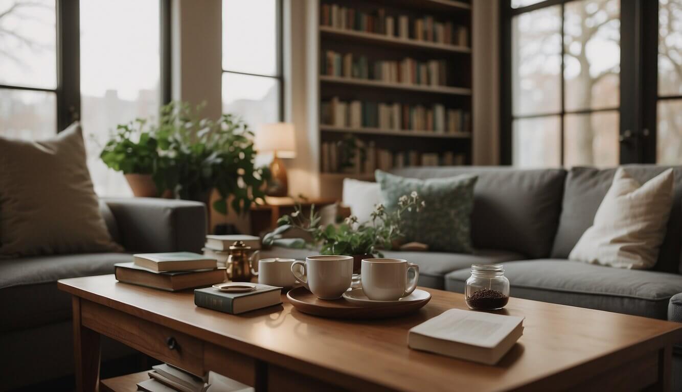 A cozy living room with soft lighting, a comfortable sofa, and calming decor. A bookshelf filled with self-help books on insomnia and a warm cup of herbal tea on the coffee table
