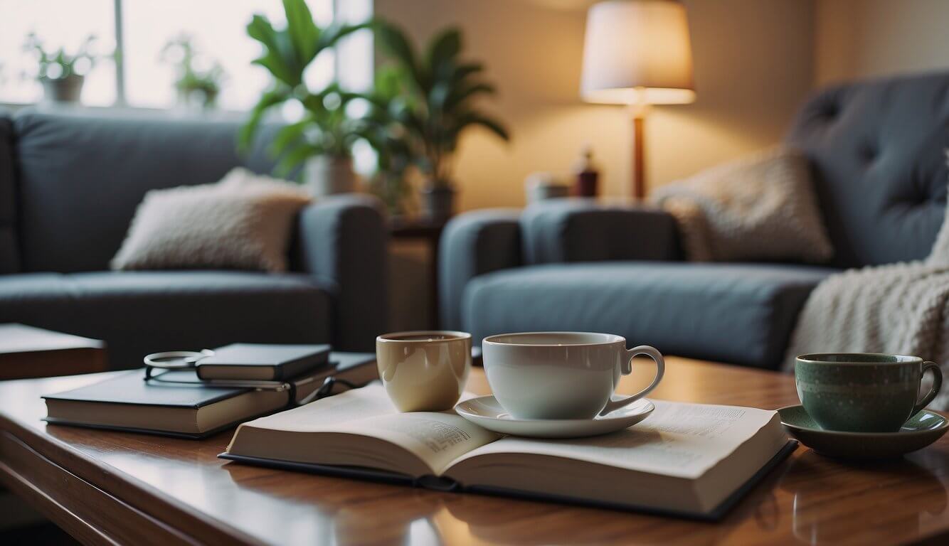 A cozy living room with calming colors, soft lighting, and comfortable seating. A journal and pen sit on the coffee table, next to a soothing cup of herbal tea