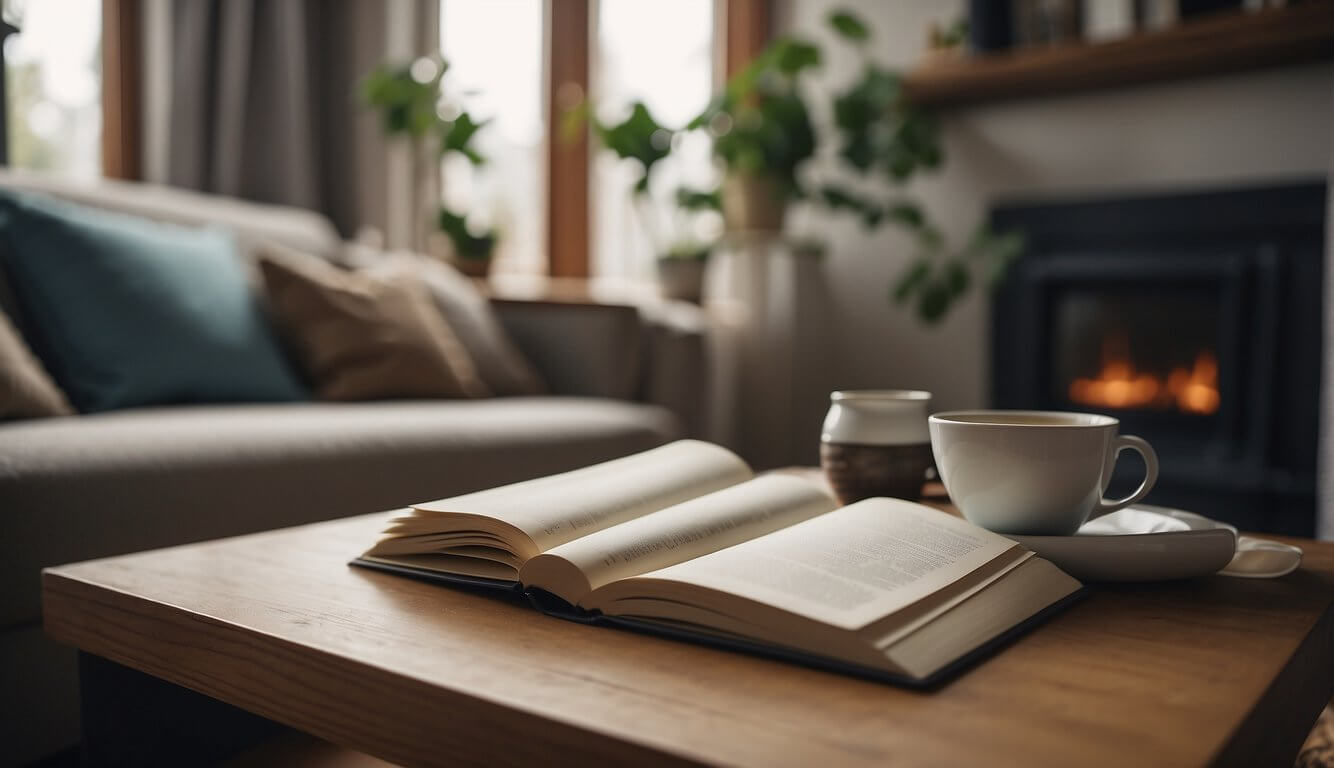 A cozy living room with calming colors and soft lighting. A person sits with a notebook, researching and writing about insomnia coping strategies. A cup of herbal tea and a comforting blanket are nearby