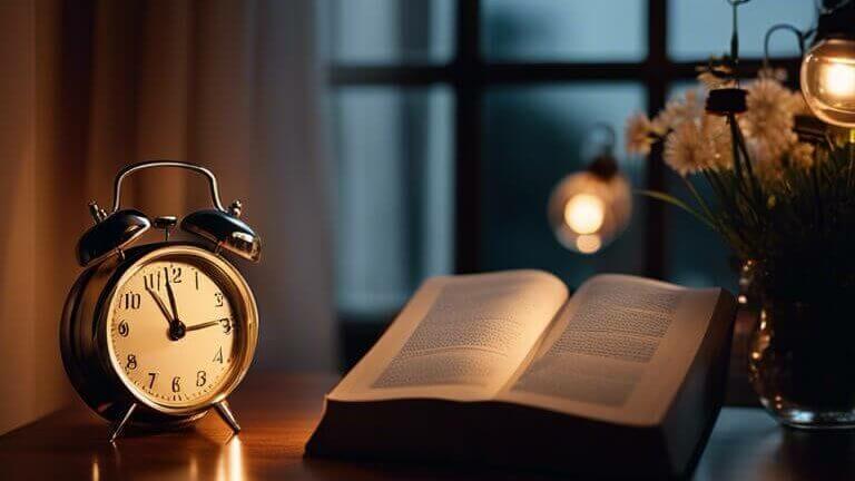 book and alarm clock on bedside table